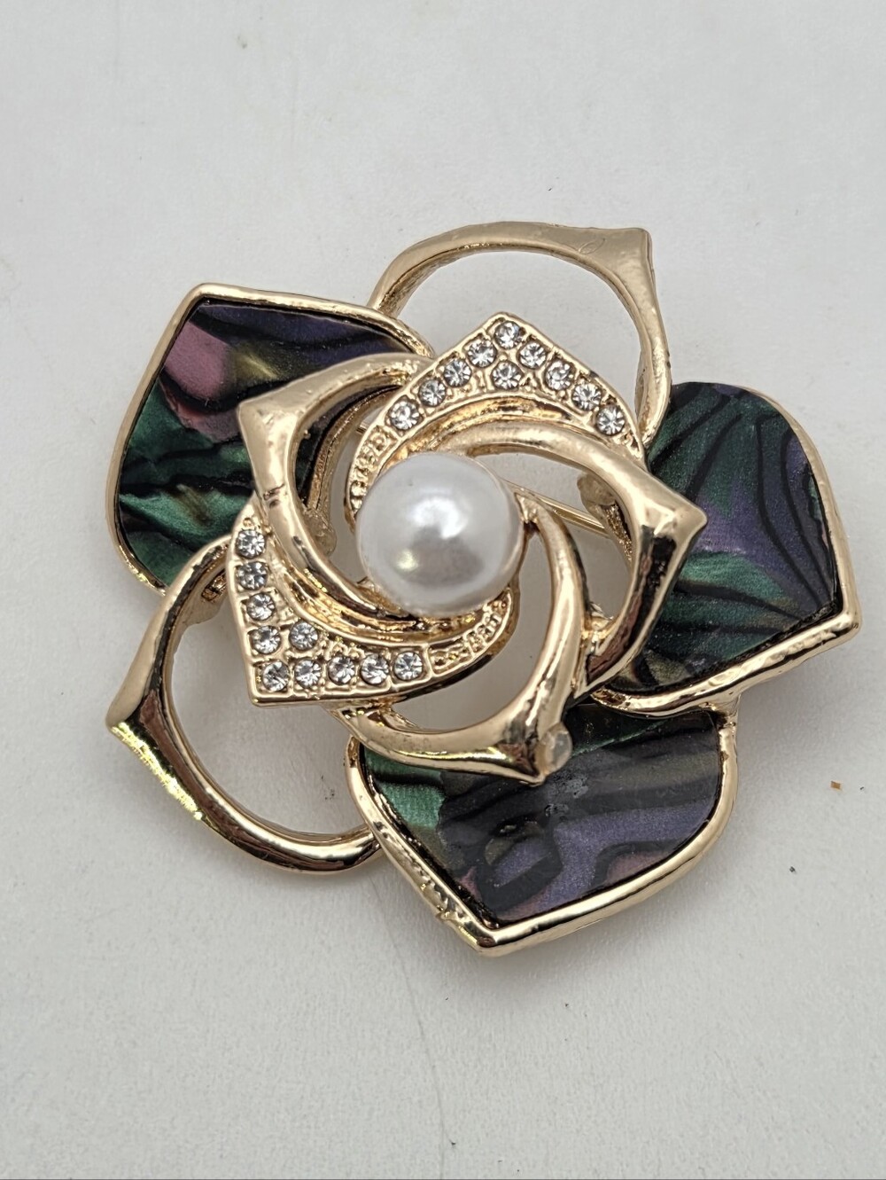 Gold Tone Swirl Flower Brooch Pin Faux Pearl Rhinestone Abalone Style Inlay